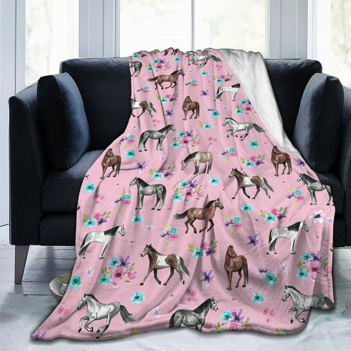Knsoiv 3D Flannel Plush Throw Blanket Pink Horses Flowers Floral 50x40 by Deal US