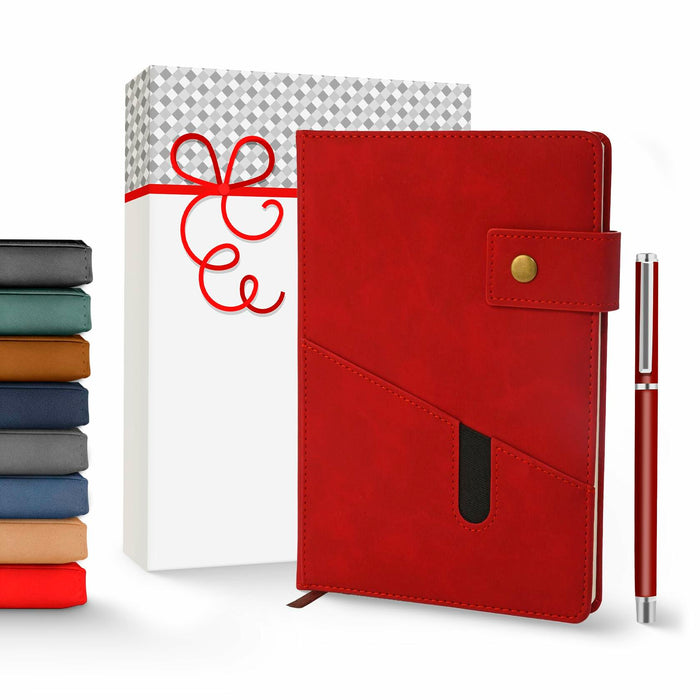 Promot PU Leather A5 Lined Notebook with Pen Red 200 Pages Elastic Pocket by Deal US