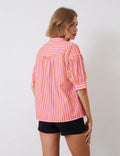 MSBESYOR Women Puff Short Sleeve Striped V Neck Blouse Pink Size S by Deal US