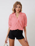 MSBESYOR Women Puff Short Sleeve Striped V Neck Blouse Pink Size S by Deal US
