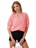 MSBESYOR Women Puff Short Sleeve Striped V Neck Blouse Pink Size S by Deal US
