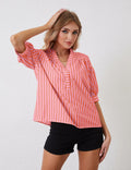 MSBESYOR Women Puff Short Sleeve Striped V Neck Blouse Pink Size S by Deal US