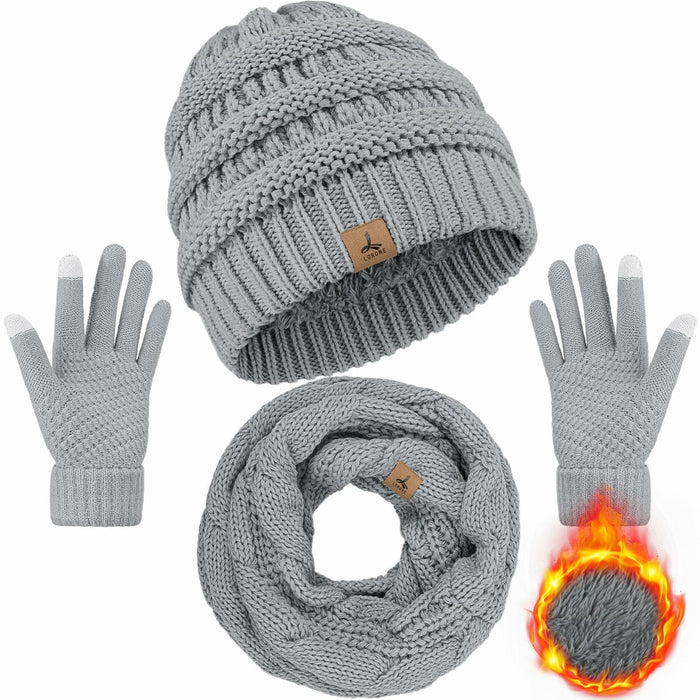 LOROME Winter Beanie Hat Scarf Gloves Set Light Gray Acrylic Size 5 1/8-7 7/8 by Deal US