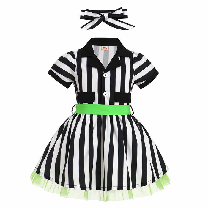 IDOPIP Toddler Girls Black White Striped Dress with Headband & Belt 4-5Y by Deal US