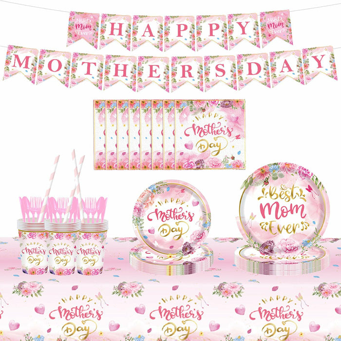 Janinus 162PCS Mothers Day Party Supplies Banner Tablecloth Heart Floral by Deal US