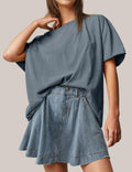 TARSE Oversized Loose Fit Cotton Tunic Tee Women Short Sleeve Blue Mirage Small by Deal US