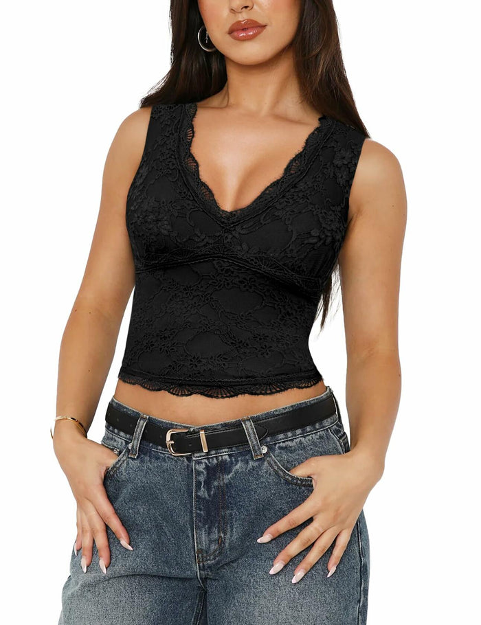 SAUNGKUAI Women's Sexy V Neck Sleeveless Lace Floral Top NavyBlue Size XXL by Deal US