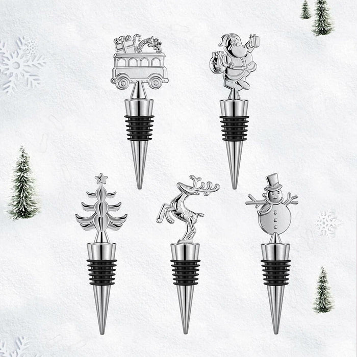 MANTIANJIN Christmas Wine Bottle Stoppers 5-Pack Zinc Alloy Silicone Silver by Deal US