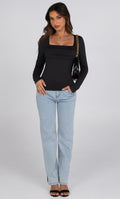 KEEPBEAUTY Womens Ruched Square Neck Long Sleeve Top Black Size L by Deal US