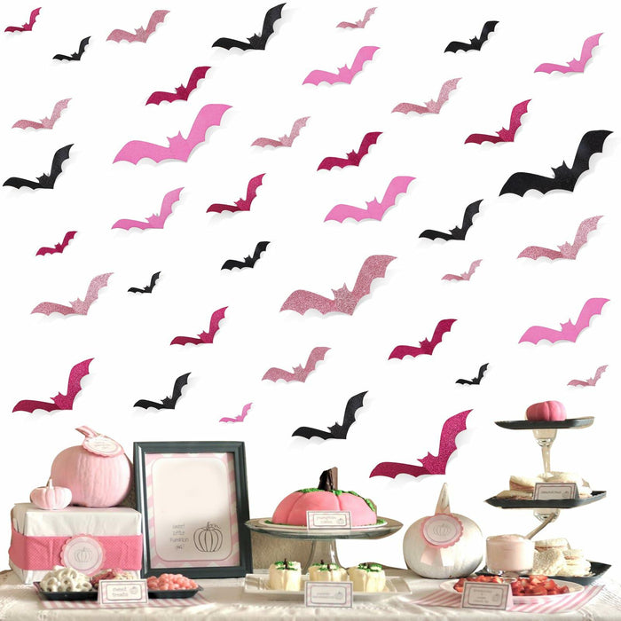Sursurprise 48PCS 3D Halloween Bat Wall Stickers Pink Black Hot Pink Decor by Deal US
