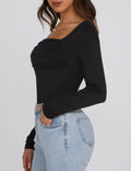 KEEPBEAUTY Womens Ruched Square Neck Long Sleeve Top Black Size L by Deal US