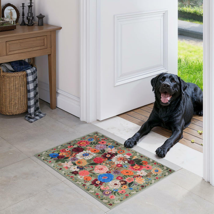 GRAMBET Area Rug 24x17 Inch Non Slip Low Pile Floral Green Garden by Deal US