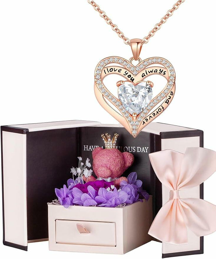 Generic Preserved Rose Gift Box with Pink Moss Bear & Necklace Gift by Deal US