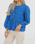 KIRUNDO Babydoll Long Sleeve Tie Front Eyelet Cotton Top Blue Size XL by Deal US