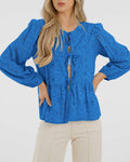 KIRUNDO Babydoll Long Sleeve Tie Front Eyelet Cotton Top Blue Size XL by Deal US