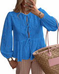 KIRUNDO Babydoll Long Sleeve Tie Front Eyelet Cotton Top Blue Size XL by Deal US