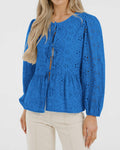 KIRUNDO Babydoll Long Sleeve Tie Front Eyelet Cotton Top Blue Size XL by Deal US