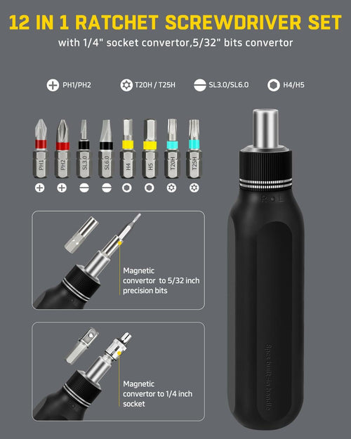 Banshu 12-in-1 Ratchet Screwdriver Set Magnetic Bits Case Colorful Alloy Steel by Deal US