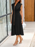 Wenrine Womens Summer Smocked Midi Dress V Neck Cap Sleeve Black by Deal US