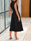 Wenrine Womens Summer Smocked Midi Dress V Neck Cap Sleeve Black by Deal US