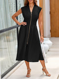 Wenrine Womens Summer Smocked Midi Dress V Neck Cap Sleeve Black by Deal US