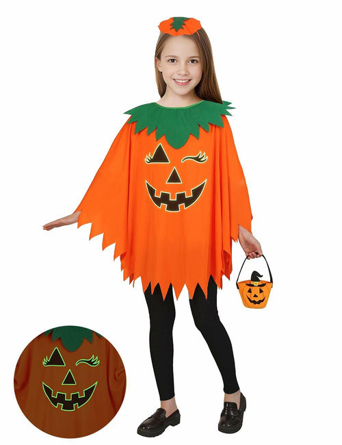qqpouc Pumpkin Costume Glow in Dark Halloween Poncho Headband Candy Bags 3-7Y by Deal US