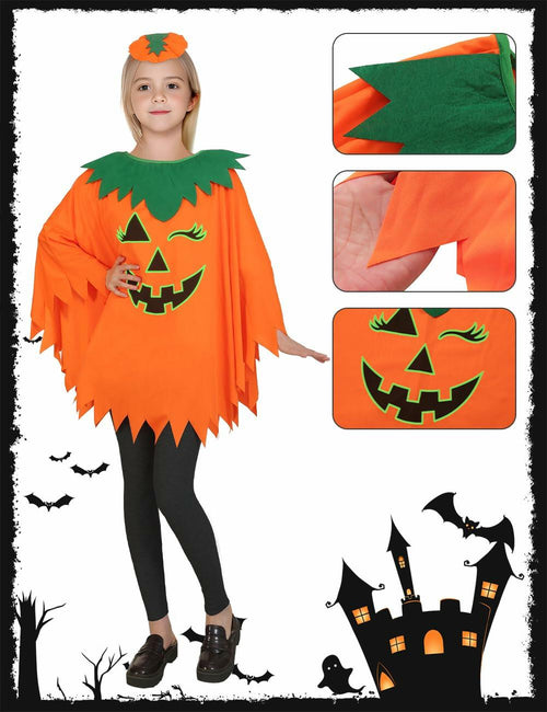 qqpouc Pumpkin Costume Glow in Dark Halloween Poncho Headband Candy Bags 3-7Y by Deal US