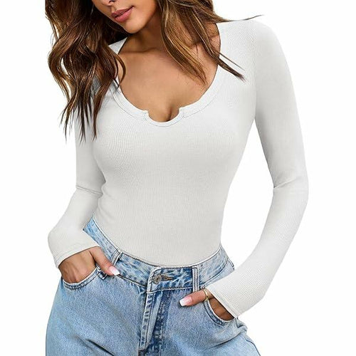 Cicy Bell Womens Ribbed Knit Henley Top Long Sleeve White Size M by Deal US