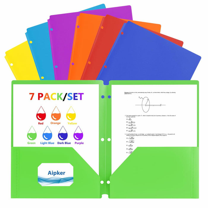 Aipker Plastic Folder with Pockets 3-Hole Punched 7 Pack Assorted Colors by Deal US