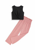 Handfrog Girls 2PC Tie Knot Crop Top & Wide Leg Pants Set Pink Black Size 12-13Y by Deal US