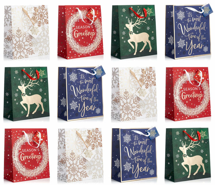 Fifth Ave Kraft Christmas Bags Large 12x10x5 Joy Pack of 12 Holiday Gift by Deal US