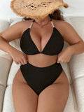 MakeMeChic Women's Plus Size 2PC Halter Triangle Bikini High Waist Black Size L by Deal US