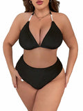 MakeMeChic Women's Plus Size 2PC Halter Triangle Bikini High Waist Black Size L by Deal US