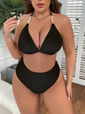 MakeMeChic Women's Plus Size 2PC Halter Triangle Bikini High Waist Black Size L by Deal US