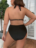 MakeMeChic Women's Plus Size 2PC Halter Triangle Bikini High Waist Black Size L by Deal US