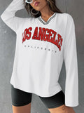 Hilinker Women's Oversized Graphic V Neck Long Sleeve Tee White Red Size L by Deal US