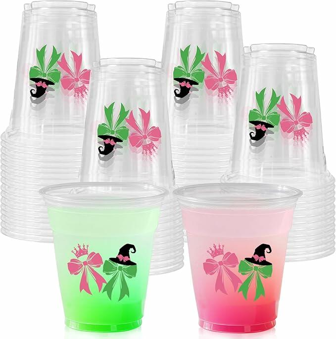 CIEOVO 50 Pack Witch Theme Party Cups 12oz Green Pink Disposable Plastic by Deal US