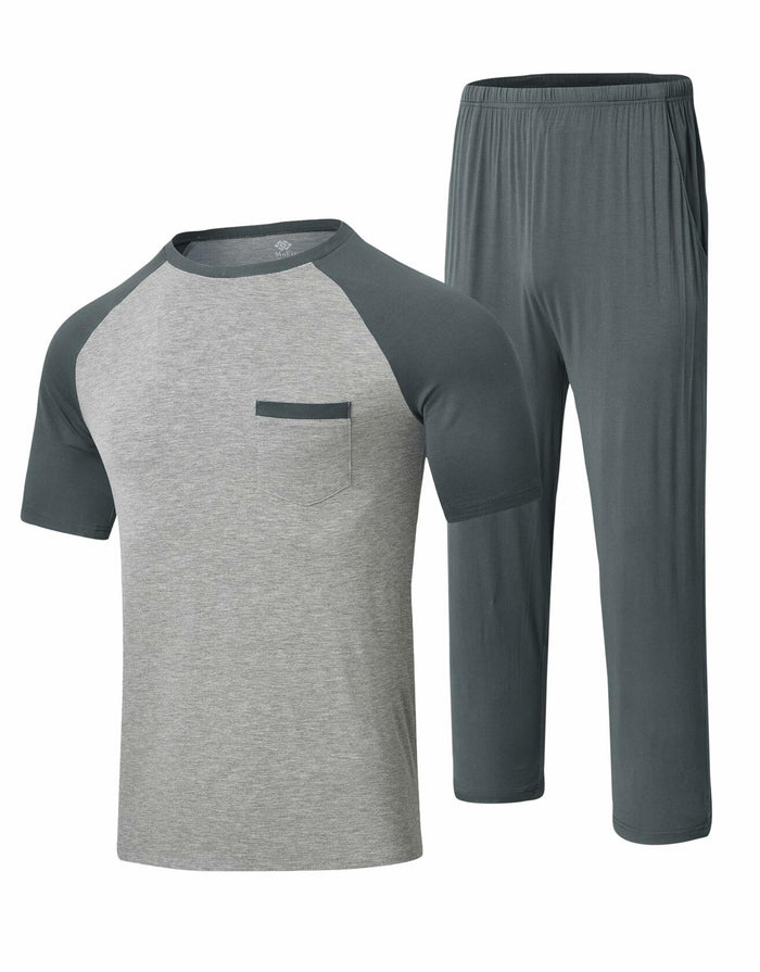 MoFiz Men’s Pajama Set V-Neck Short Sleeve Sleepwear Striped Grey Blue Size M by Deal US