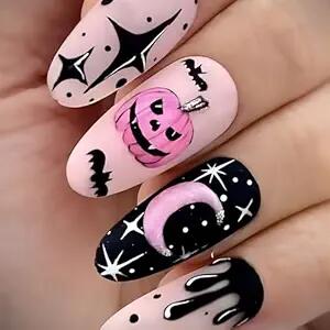 Pink Halloween Press On Nails Almond Matte Pumpkin Bat Design 24pcs by Deal US