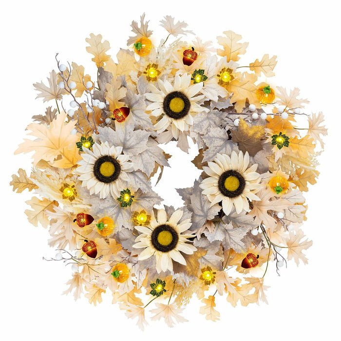 Chiyinbao 26" Realistic Fall Wreath with Lights Sunflower Leaves Yellow 26IN by Deal US