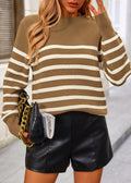 KIRUNDO Women's Striped Ribbed Knit Sweater Crewneck Metal Buttons Camel Size M by Deal US