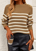 KIRUNDO Women's Striped Ribbed Knit Sweater Crewneck Metal Buttons Camel Size M by Deal US