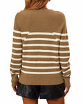 KIRUNDO Women's Striped Ribbed Knit Sweater Crewneck Metal Buttons Camel Size M by Deal US