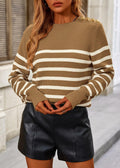 KIRUNDO Women's Striped Ribbed Knit Sweater Crewneck Metal Buttons Camel Size M by Deal US