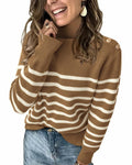 KIRUNDO Women's Striped Ribbed Knit Sweater Crewneck Metal Buttons Camel Size M by Deal US