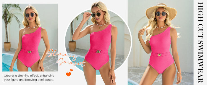 Fisoew Womens One Shoulder One Piece Swimsuit Tummy Control Bright Pink Size XS by Deal US