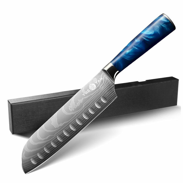 YUSOTAN 7" Japanese Santoku Knife Blue High Carbon Stainless Steel Blade by Deal US