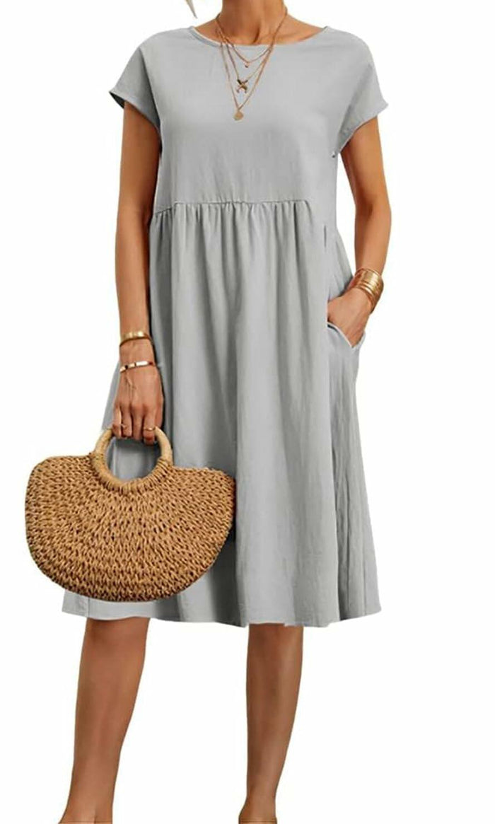 Kubsid Gray Cotton Linen Short Sleeve Casual Beach Dress Size XL by Deal US