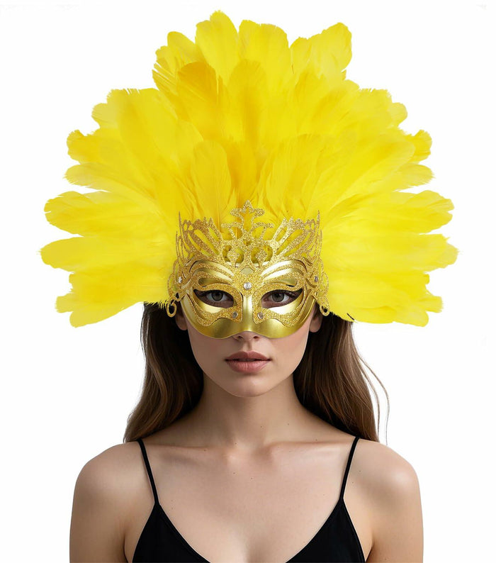 JPXH Masquerade Mask Feather Carnival Showgirl Headpiece Costume Yellow by Deal US