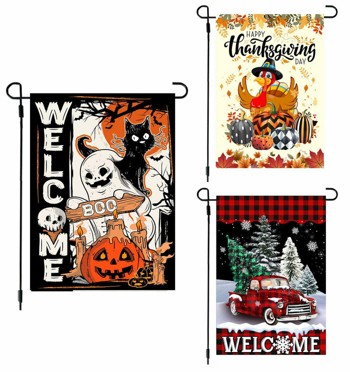 4SEASONS POD Holiday Garden Flags Set of 3 12x18 Double Sided Halloween Xmas by Deal US